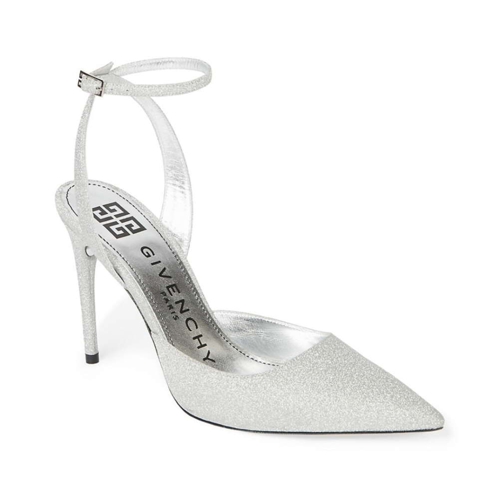 Ankle-Strap Glitter Leather Pumps
